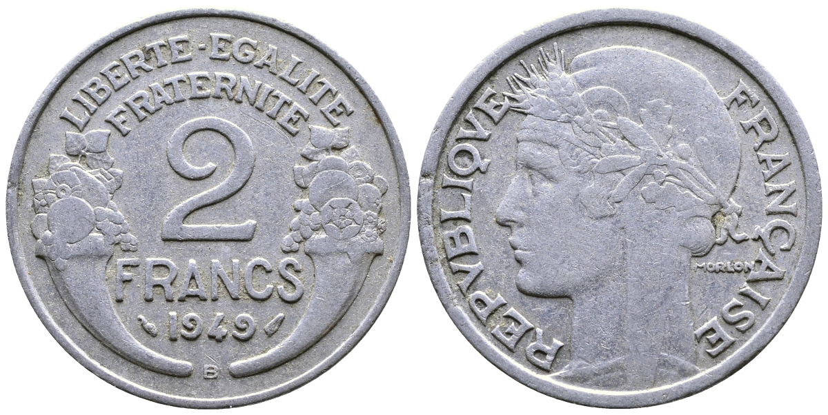 Франция 2 франка 1949 В, тип Morlon KM 886а.2, Le Franc 269.15 алюминий 08-1231
