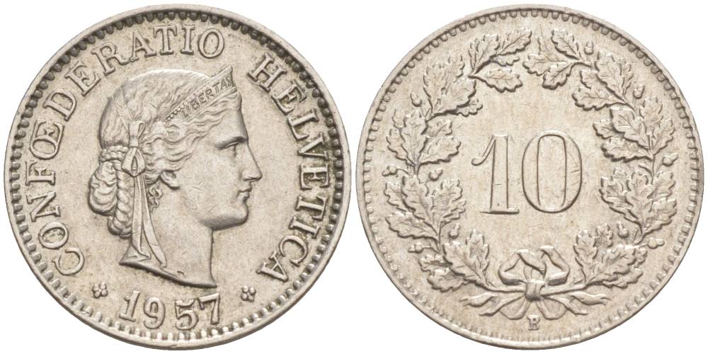 ШВЕЙЦАРИЯ 10 РАППЕНОВ 1957 В KM 27 медно-никель 55-251
