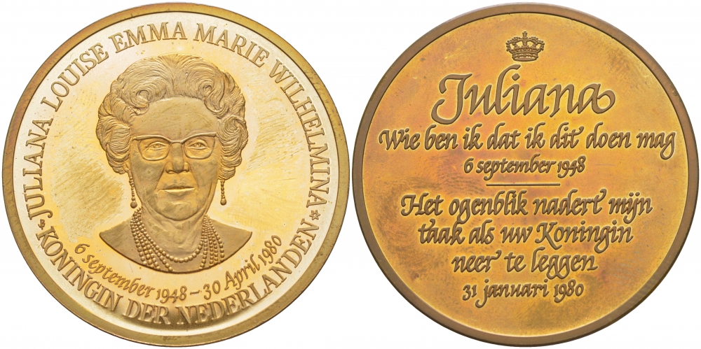 НИДЕРЛАНДЫ МЕДАЛЬ 1980 ЮЛИАННА, 39 мм латунь PROOF 118-431