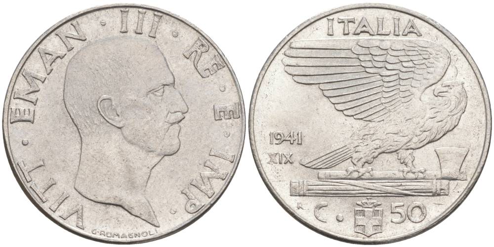 ИТАЛИЯ 50 ЧЕНТЕЗИМО 1941 R, ГОД XIX, ВИКТОР ЭММАНУИЛ III (1900-1946) KM 76b, VEM3. 1063 нержавеющая сталь 3853-321