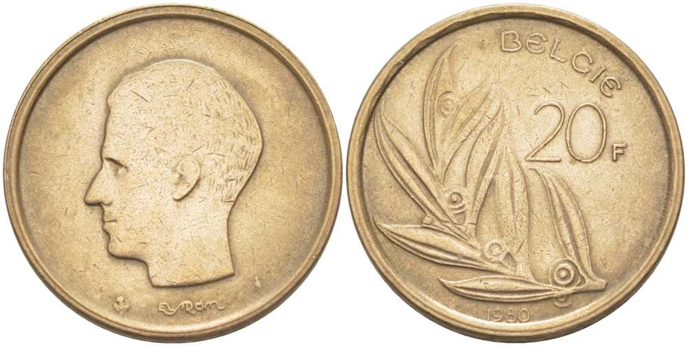 БЕЛЬГИЯ 20 ФРАНКОВ 1980 BELGIE, БОДУЭН I (1951-1993) KM 160 никель бронза 4110-1542