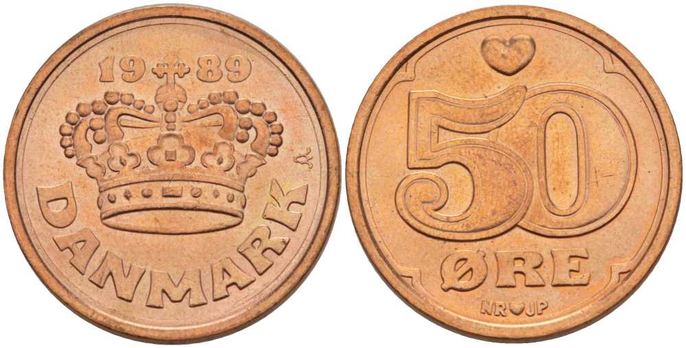 Дания 50 эре 1989 Маргрете II (1972- ) KM 866.1 бронза 202-753