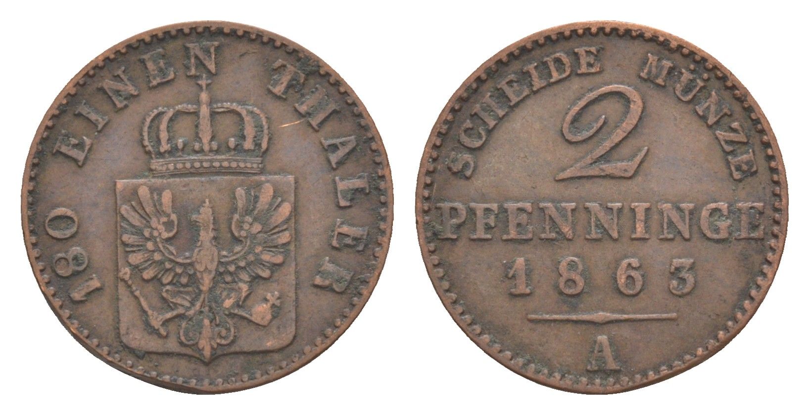 Пруссия 2 пфеннига 1863 A, Вильгельм I (1861-1888) KM 481, Jaeger 51, AKS 107, Olding 425 медь 4651-256