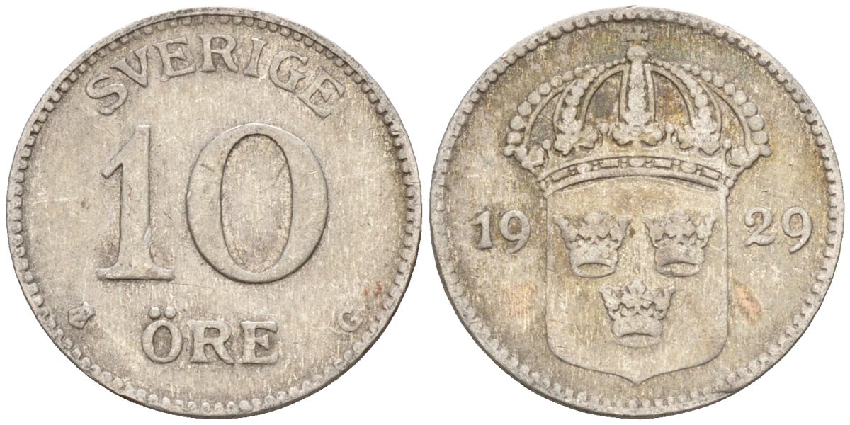 Швеция 10 эре 1929 G, Густав V (1907-1950) KM 780 серебро 4147-834