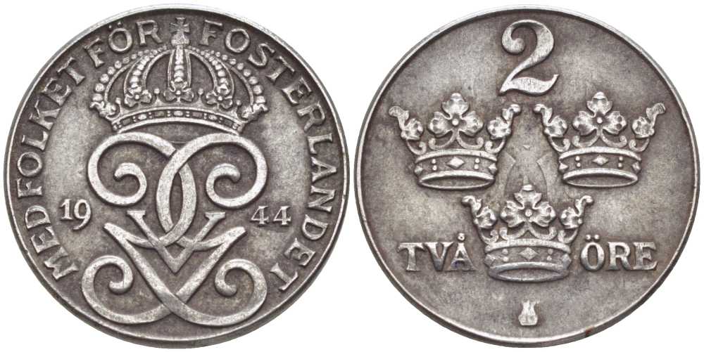 Швеция 2 эре 1944 Густав V (1907-1950), военный выпуск KM 811 железо 119-1032