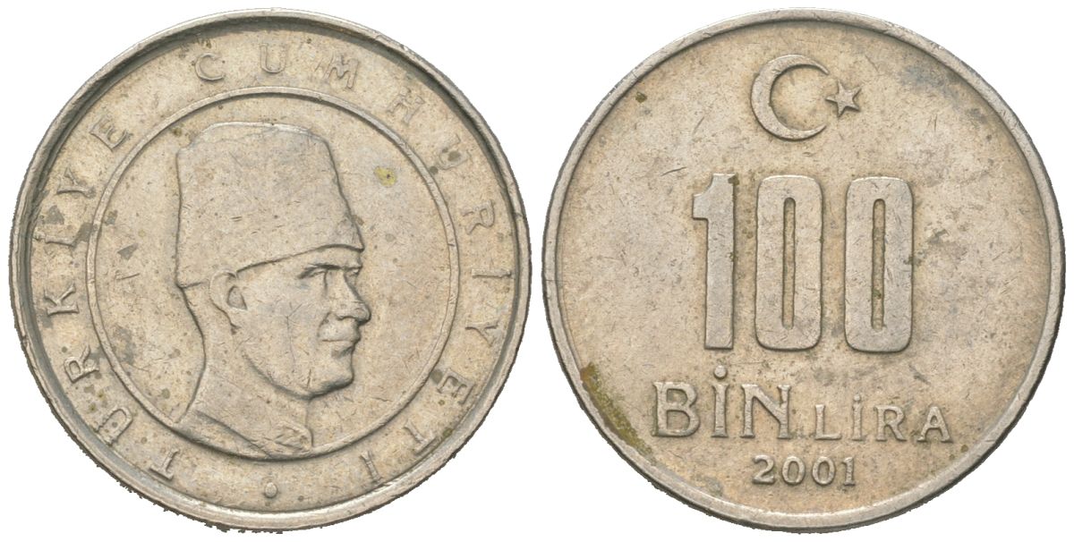 Турция 100000 лир 2001 KM 1106 медь цинк никель 4158-322