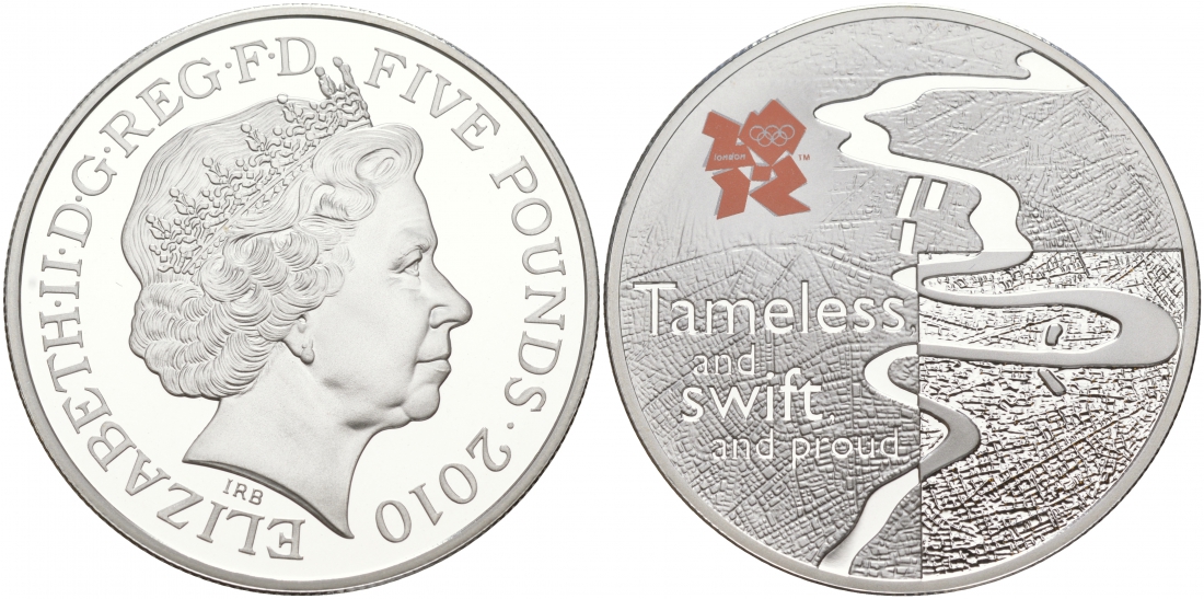 Великобритания 5 фунтов 2010 Елизавета II (1952-2022), XXX летние Олимпийские Игры в Лондоне в 2012, река Темза KM 1154, Spink LO45 серебро PROOF 02-039-41