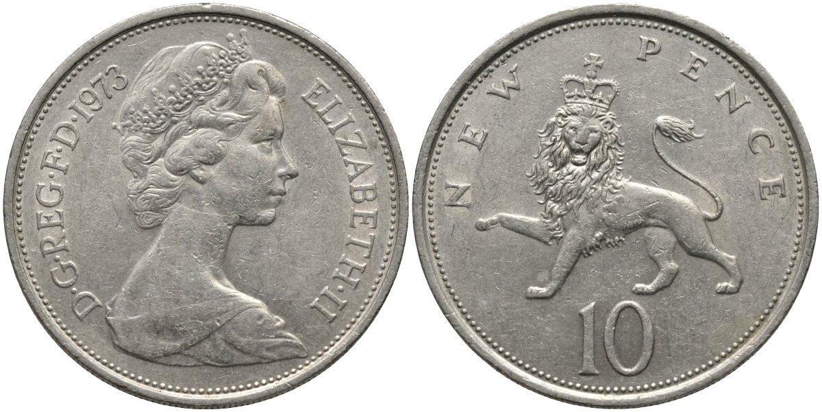 Великобритания 10 пенсов 1973 Елизавета II (1952-2022) KM 912, Spink 4231 (F1) медно-никель 4162-235
