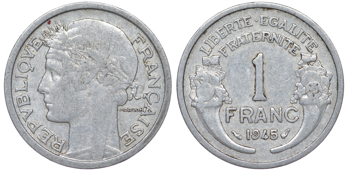 Франция 1 франк 1945 KM 885а.1 алюминий 25-2344