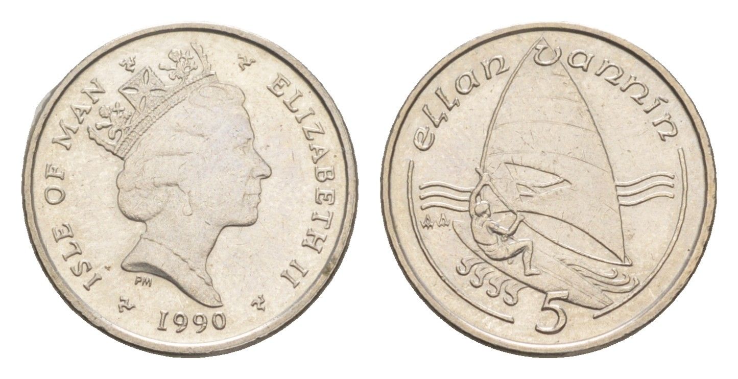 Остров Мэн 5 пенсов 1990 PM, Елизавета II (1952-2022) KM 209.2 медно-никель aUNC 4651-357