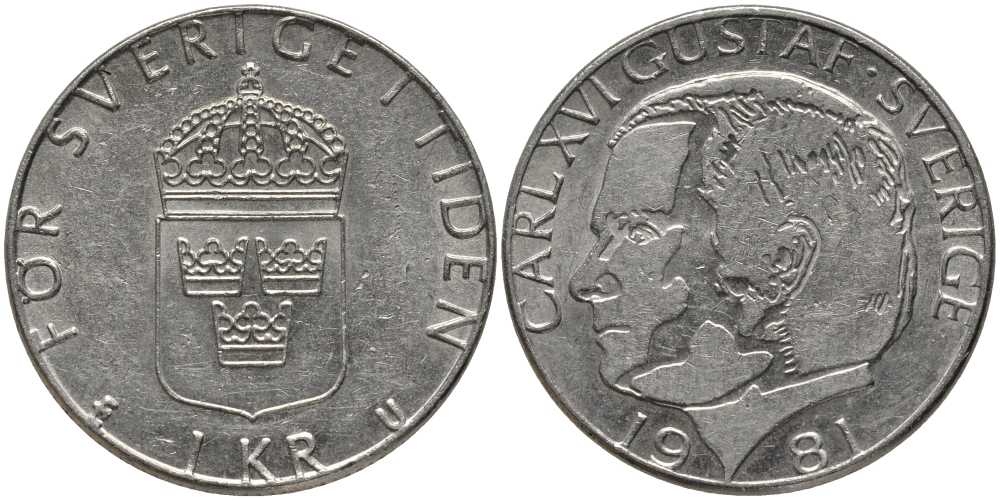Швеция 1 крона 1981 U, Карл XVI Густав (1973- ) КМ 852 медь плакированная медно-никелем 202-456