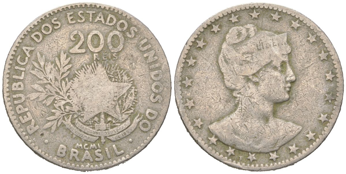 Бразилия 200 реалов 1901 MCMI, голова свободы вправо KM 504 медно-никель 4612-336