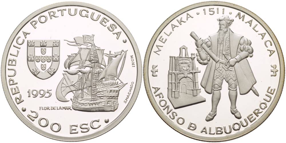 Португалия 200 эскудо 1995 Афонсу де Албукерки, захват Малакки в 1511 году KM 681а серебро PROOF 1081-6-52