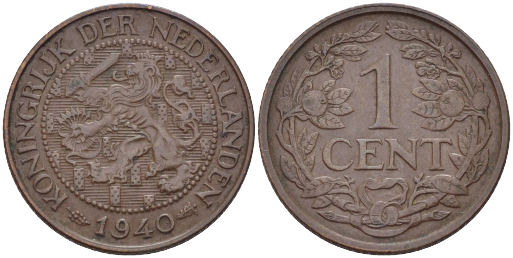 НИДЕРЛАНДЫ 1 ЦЕНТ 1940 ВИЛЬГЕЛЬМИНА (1890-1948) KM 152 бронза 100-1215