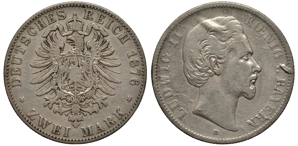 Бавария 2 марки 1876 Людвиг II (1864-1886) Weege 41, J. 41, KM 505 серебро 413-2032
