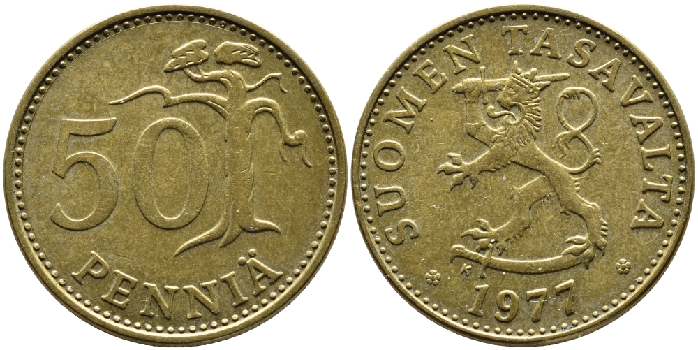 ФИНЛЯНДИЯ 50 ПЕННИ 1977 К KM 48 алюминиевая бронза 4364-2711