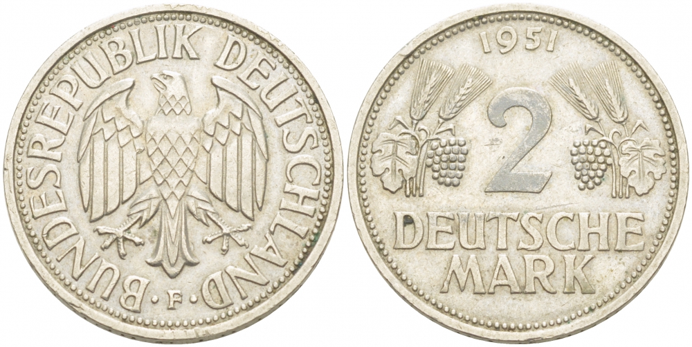 ФРГ 2 марки 1951 F J 386, KM 111 медно-никель плакированный никелем 1515-2114