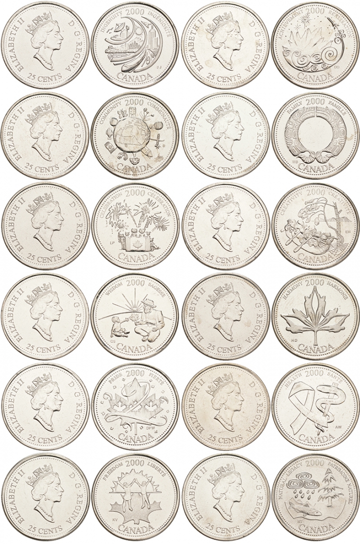 Канада лот из 12 монет по 25 центов 2000 серия миллениум KM 373-384 никелированная сталь UNC M47-20