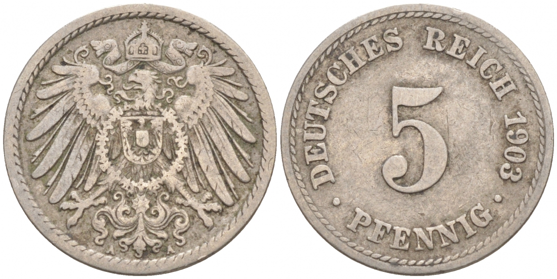 ГЕРМАНИЯ 5 ПФЕННИГОВ 1903 A, KM 11, J. 12 медно-никель 73-1727