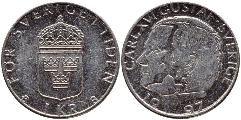 Швеция 1 крона 1997 Карл XVI Густав (1973- ) KM 852a медно-никель 4382-1055
