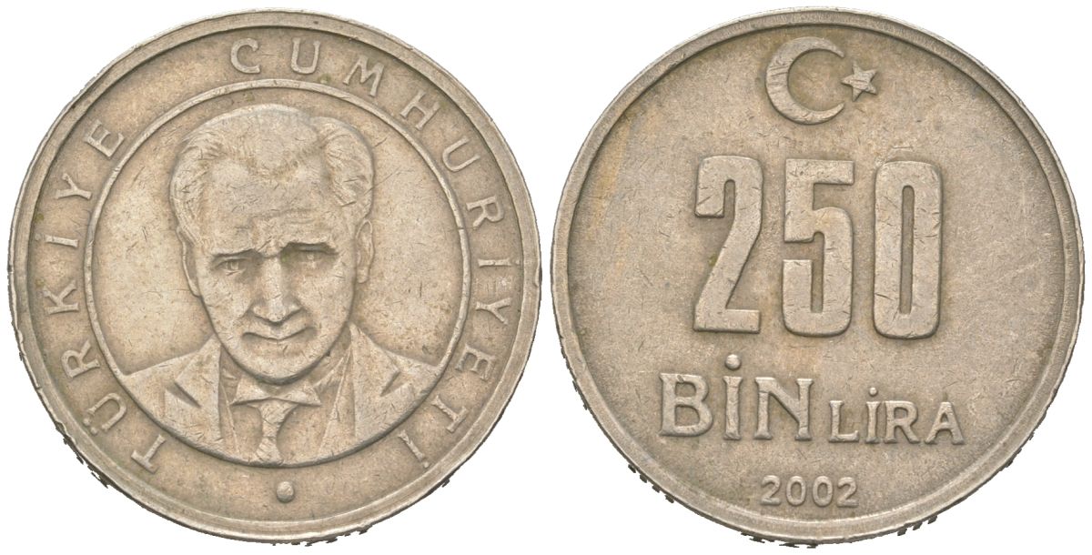 Турция 250000 лир 2002 Мустафа Кемаль Ататюрк KM 1137 медь цинк никель 4582-1227