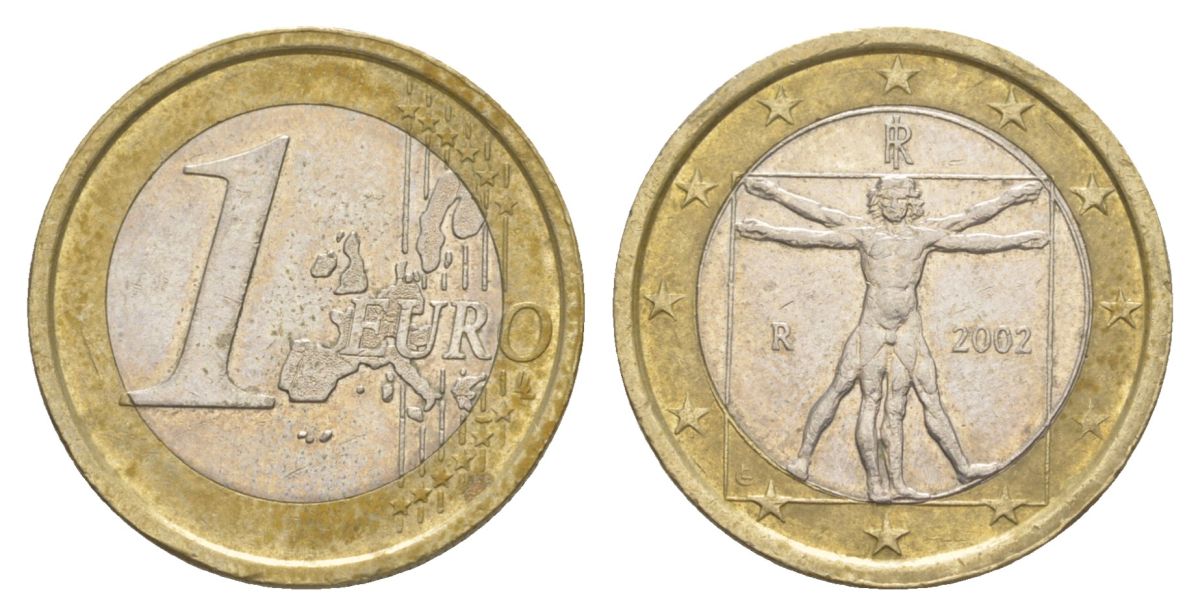 Италия 1 евро 2002 Витрувианский человек KM 216 биметалл 4629-426
