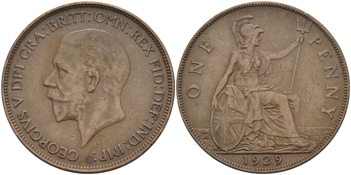 Великобритания 1 пенни 1929 Георг V (1910-1936) KM 838, Spink 4055 бронза 4149-732
