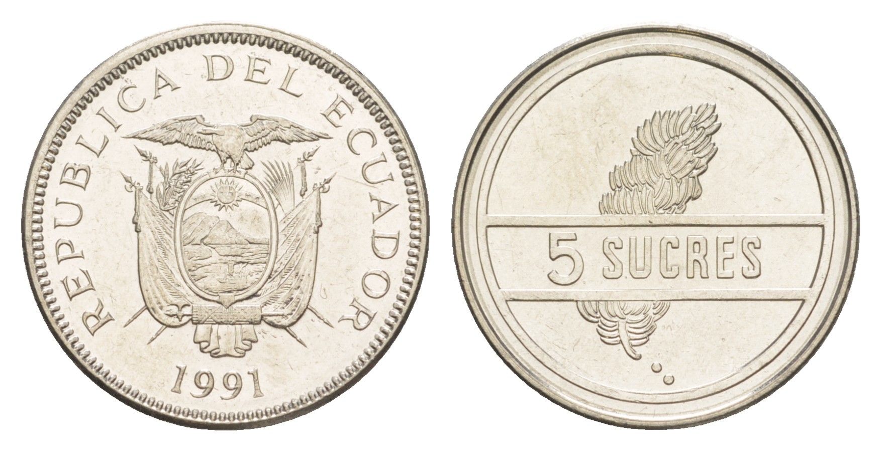 Эквадор 5 сукре 1991 KM 91.2 сталь плакированная никелем UNC 4640-1243