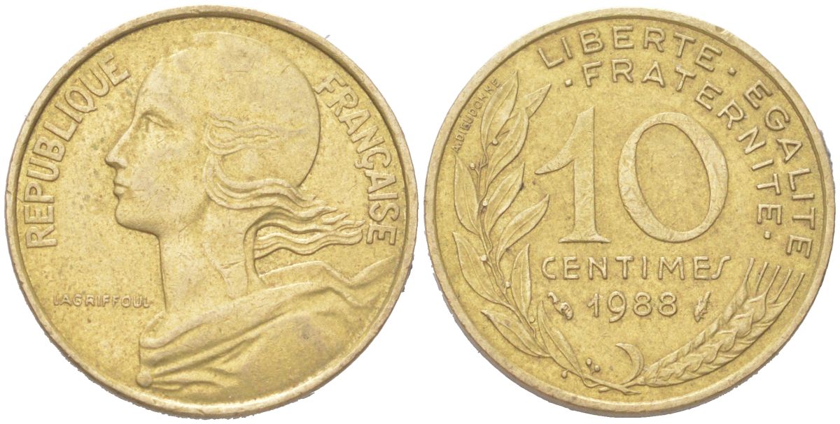 Франция 10 сантимов 1988 тип Marianne KM 929 алюминиевая бронза 4613-313