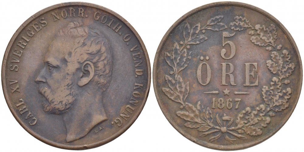 Швеция 5 эре 1867 Карл XV (1859-1872) KM 707 (492) бронза 4402-322