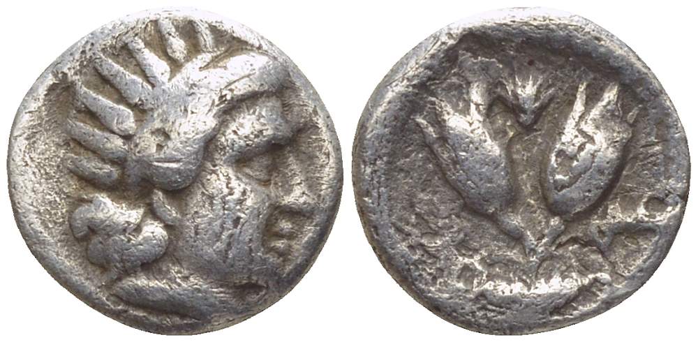 Кария, о-в Родос диобол 275-250 гг. до н.э. голова Гелиоса в профиль/два розовых бутона, 0,89 гр BMC 65-6 серебро 1073-11-94