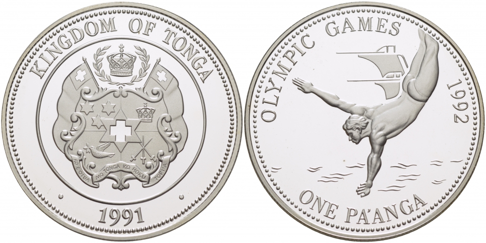 Тонга 1 паанга 1991 XXV летние Олимпийские игры в Барселоне 1992 года, прыжки с трамплина в воду KM 140 серебро PROOF 11-101-25