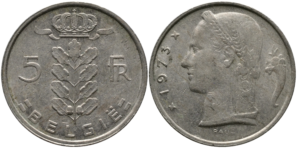 БЕЛЬГИЯ 5 ФРАНКОВ 1973 BELGIE KM 135.1 медно-никель 98-556