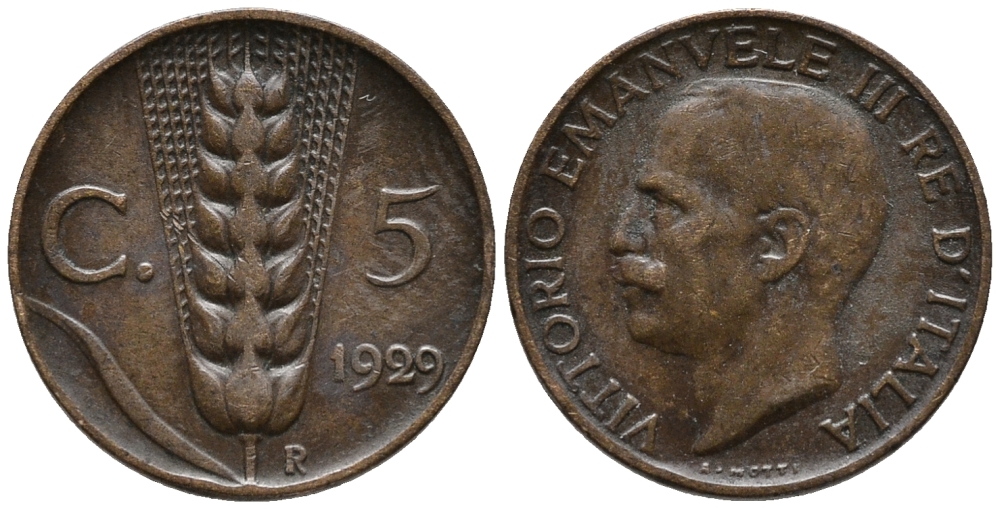 ИТАЛИЯ 5 ЧЕНТЕЗИМО 1929 R, ВИКТОР ИМАНУИЛ III. КОЛОС KM 59 медь 66-128