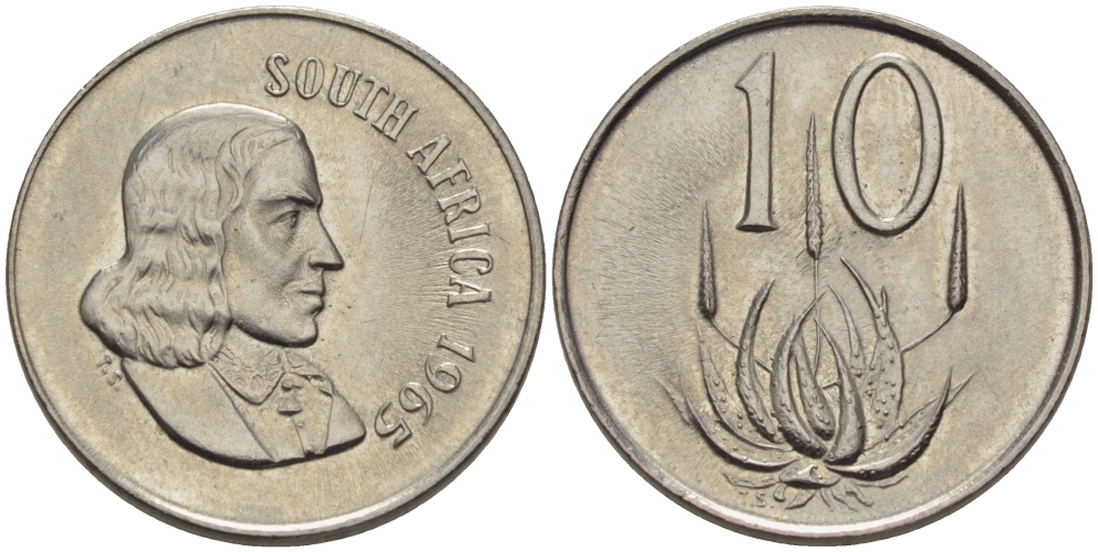 ЮАР 10 ЦЕНТОВ 1965 SOUTH, ЯН ВАН РИБЕК (1619-1677), ГОЛАНДСКИЙ ИССЛЕДОВАТЕЛЬ , МОРЕПЛАВАТЕЛЬ, ОСНОВАТЕЛЬ Г. КЕЙПТАУНА, ЦВЕТОК АЛОЭ, АНГЛИЙСКАЯ ЛЕГЕНДА KM 68.1 никель UNC 67-354