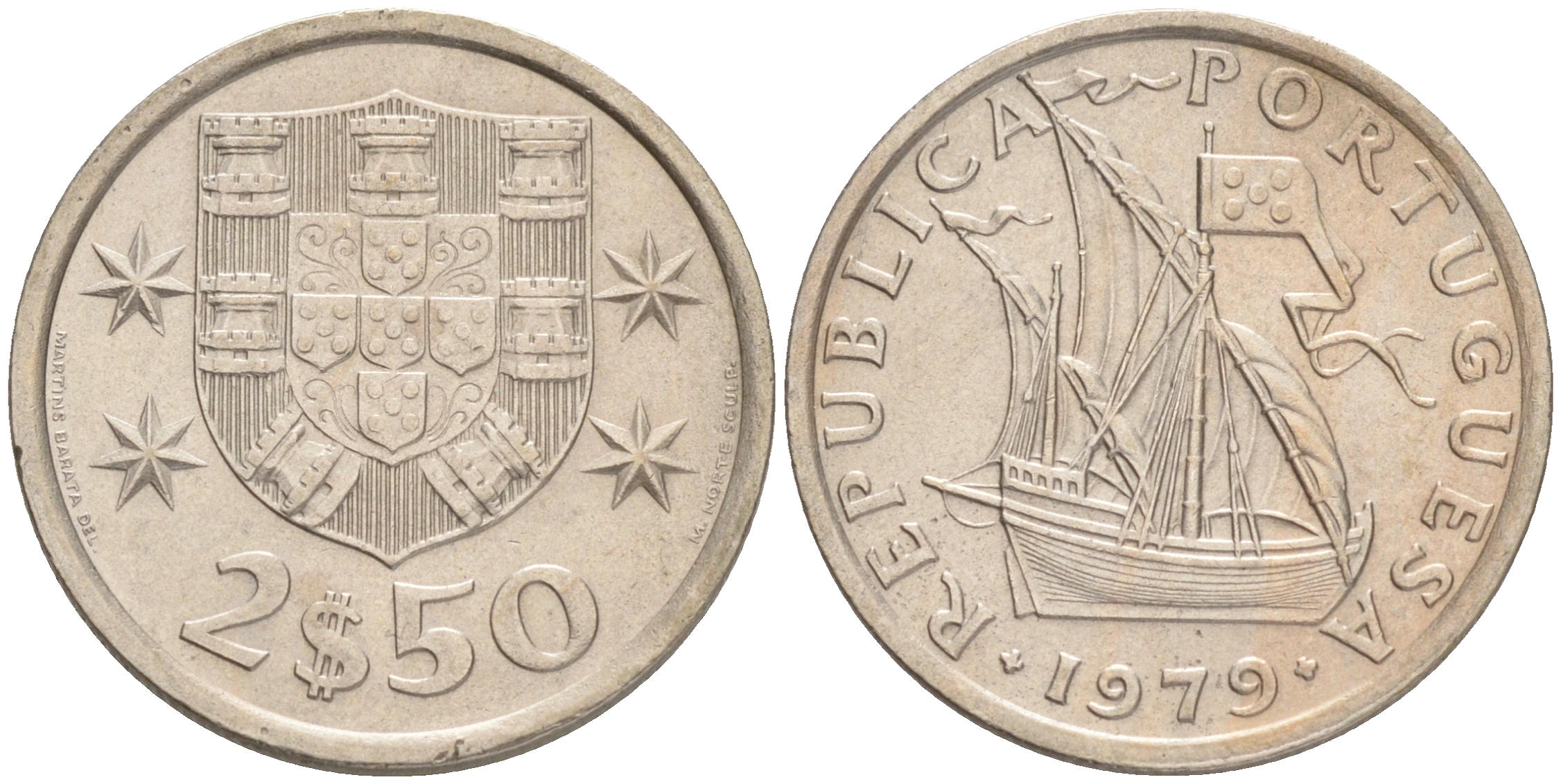 ПОРТУГАЛИЯ 2,5 ЭСКУДО 1979 ПАРУСНИК KM 590 медно-никель 192-814