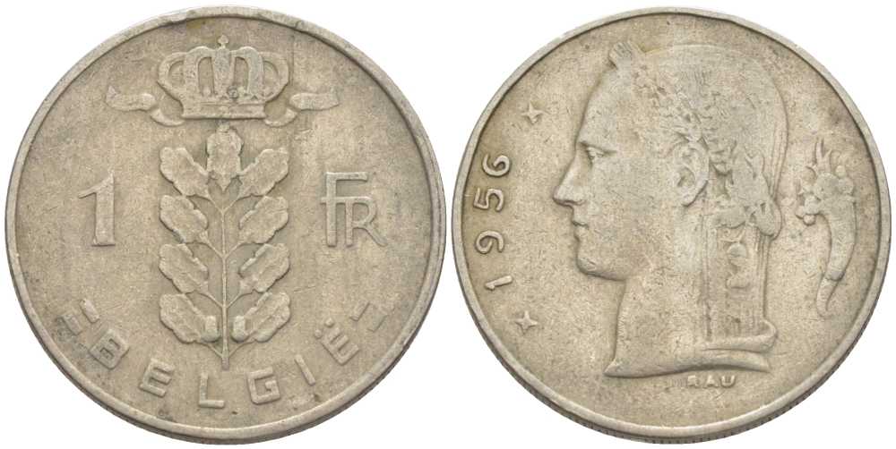 БЕЛЬГИЯ 1 ФРАНК 1956 BELGIE, БОДУЭН I (1951-1993) KM 143.1 медно-никель 119-543