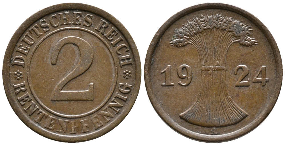 ГЕРМАНИЯ 2 РЕНТЕНПФЕННИГА 1924 A KM 31, J. 307 бронза 24-515