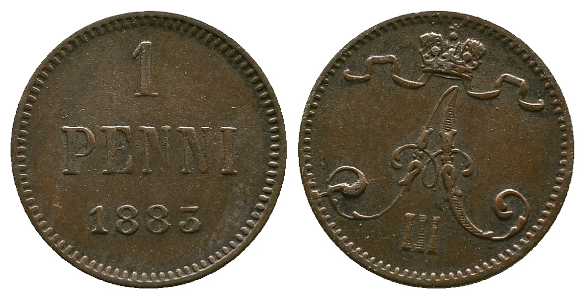 РОССИЯ ДЛЯ ФИНЛЯНДИИ 1 ПЕННИ 1883 АЛЕКСАНДР III KM 10, Биткин 251 медь 4383-444