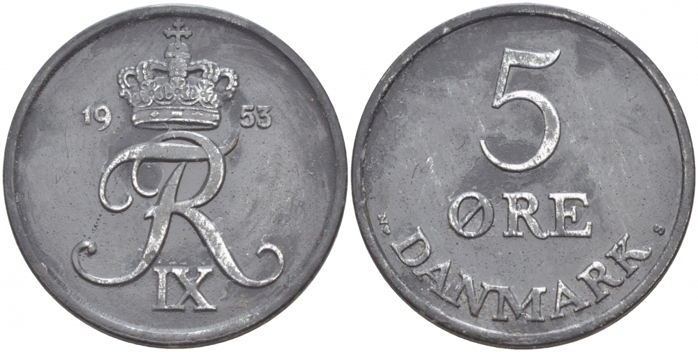 Дания 5 эре 1953 N; S, Фредерик IX KM 843.1 цинк 4545-314