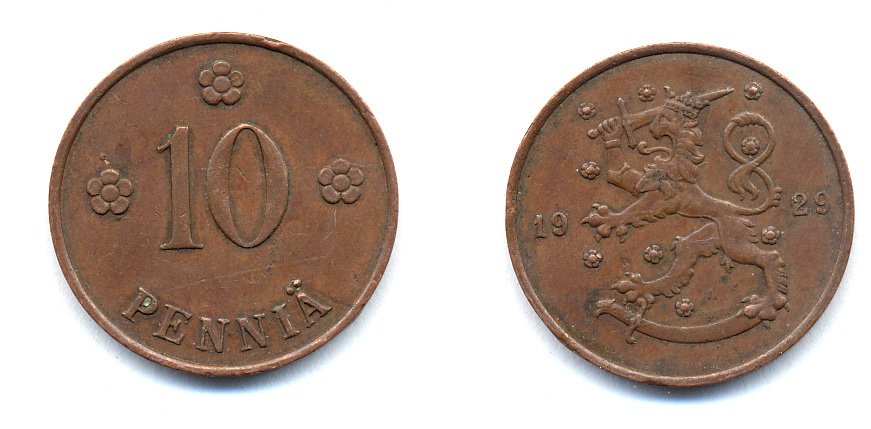 Финляндия 10 пенни 1929 республика (1918-1962) KM 24 медь 46-1647