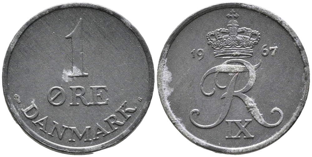 ДАНИЯ 1 ЭРЕ 1967 C; S, ФРЕДЕРИК IX (1947-1972) KM 839.2 цинк 100-647