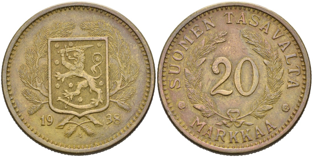 Финляндия 20 марок 1938 S KM 32 алюминиевая бронза 82-1024