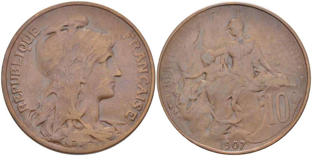ФРАНЦИЯ 10 САНТИМОВ 1907 ТИП ДАНИЭЛЬ ДЮПЮИ KM 843, LE FRANC 136.17 бронза 180-446