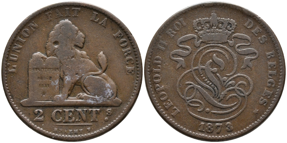 Бельгия 2 сантима 1873 Des Belges, Леопольд II (1865-1909) KM 35.1 медь 4398-1031