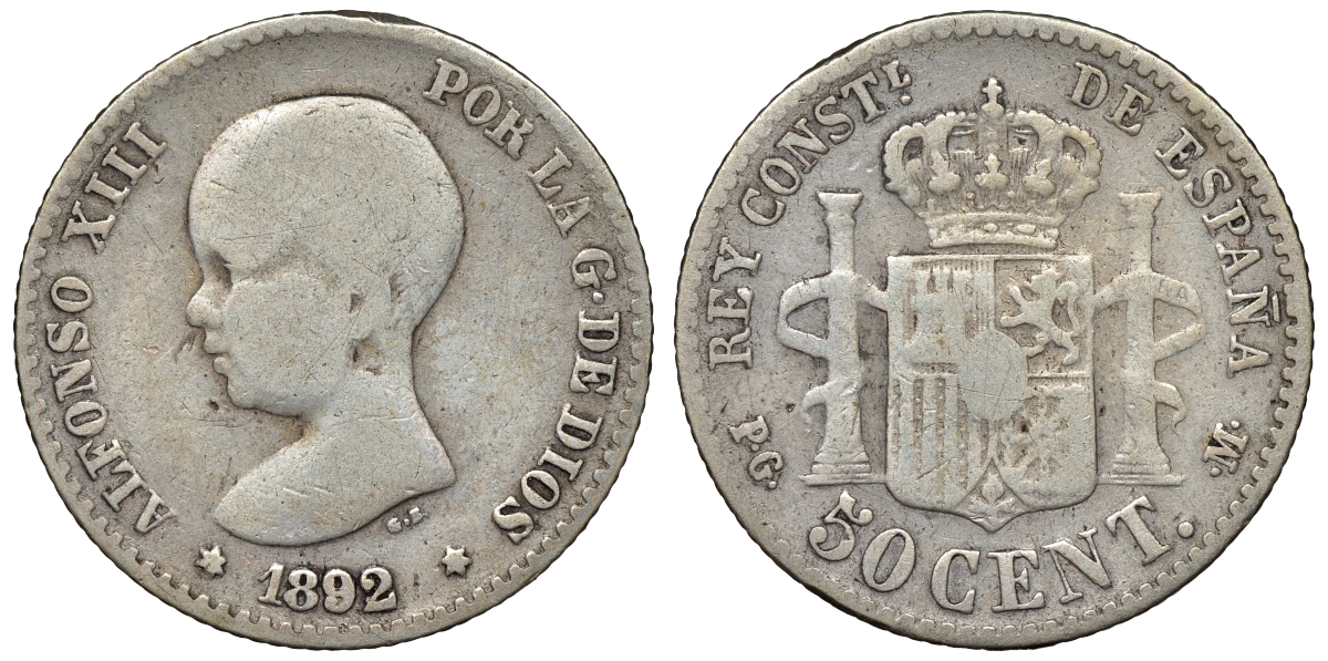 Испания 50 сентимо 1892 P.G-M, Альфонсо XIII KM 690 серебро 4115-432