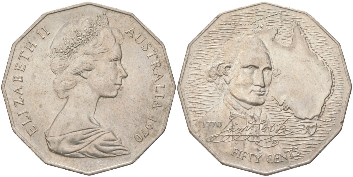 Австралия 50 центов 1970 200 лет австралийскому путешествию капитана Кука KM 69 медно-никель UNC 4512-1246