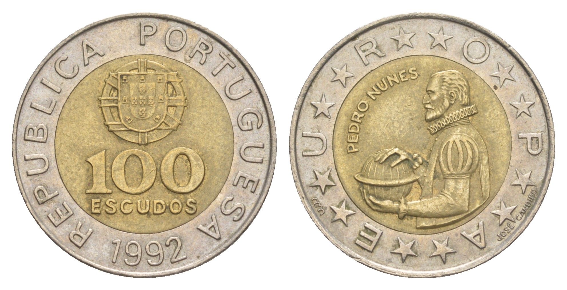 Португалия 100 эскудо 1992 Педру Нуниш (1502-1578), математик KM 645 биметалл 4390-926