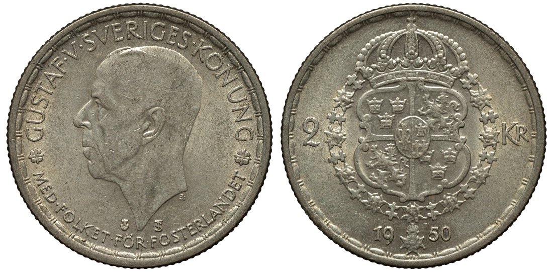 Швеция 2 кроны 1950 TS, Густав V (1907-1950) KM 815 серебро 221-623