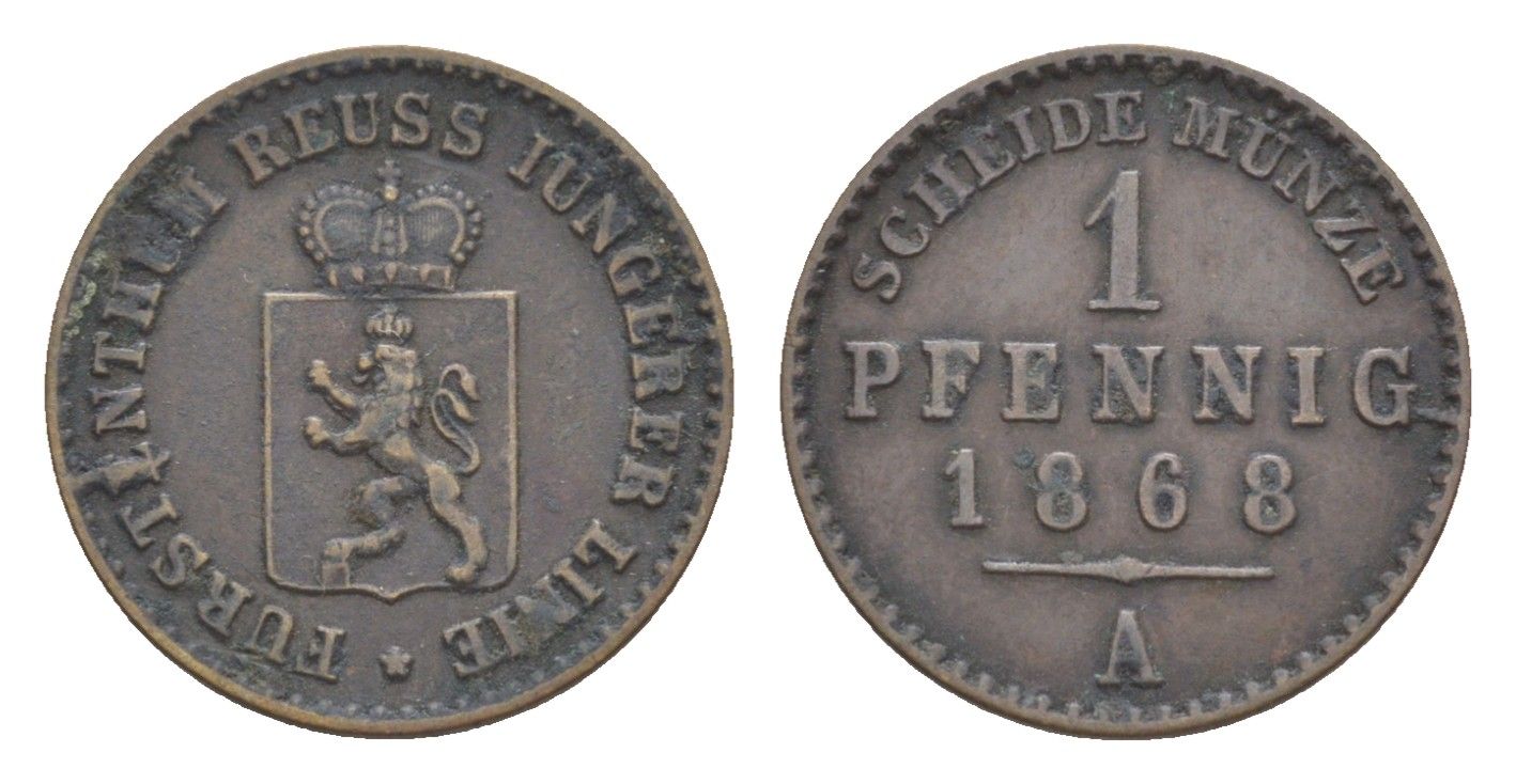 Рейсс-Гера 1 пфенниг 1868 Генрих XIV KM 75 медь 1529-1034